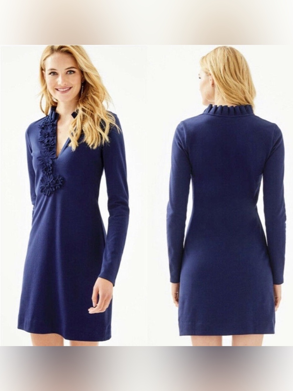 Lilly Pulitzer Clary Polo Dress True Navy Floral Appliqué Size M Office Chic